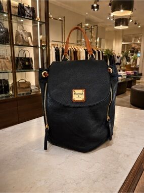 Valentina Black Backpack with Tan Handles and Gold Hardware